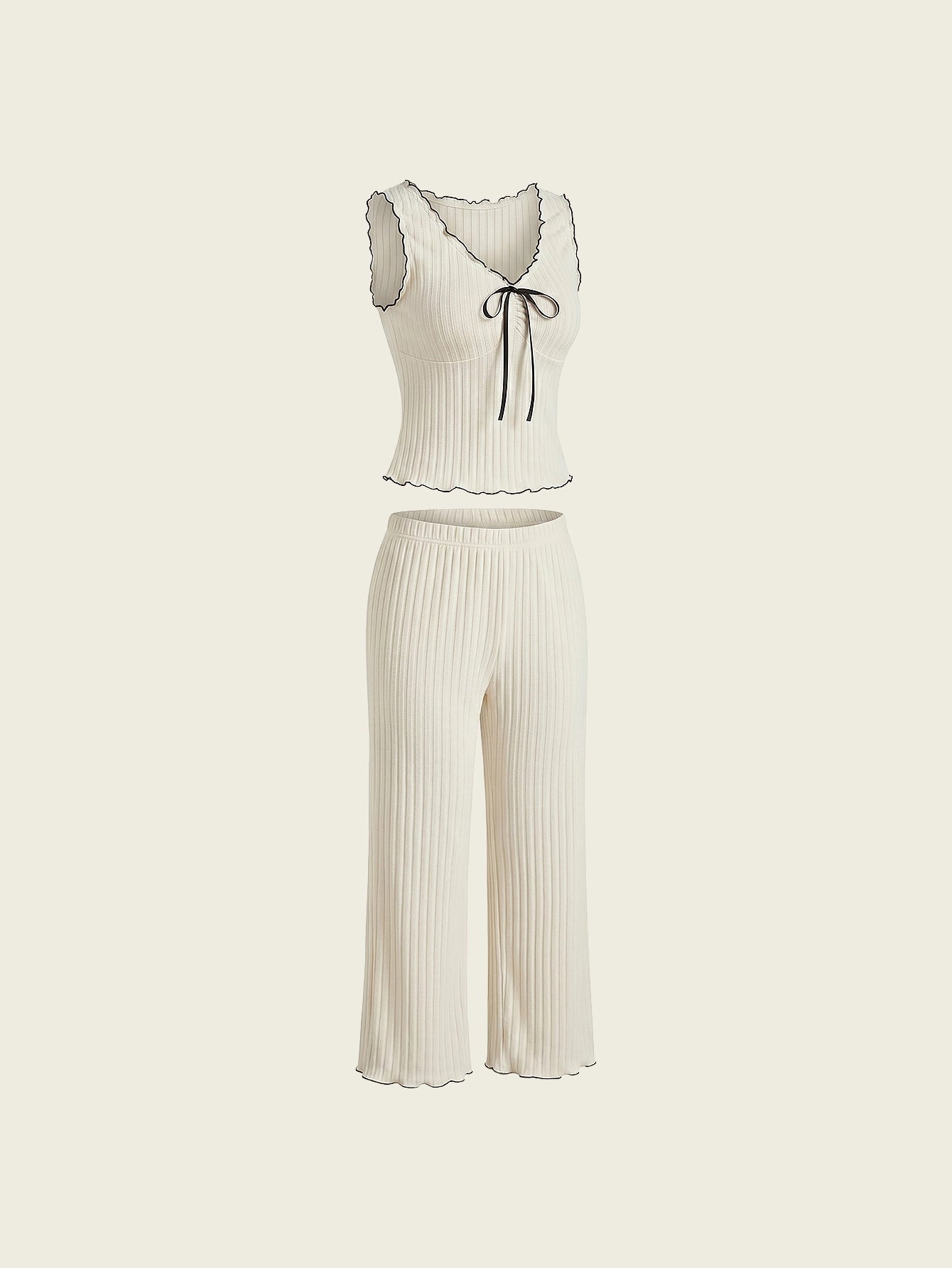 SHEIN Women's Pijama Contrast Trim Bow Decor Tank Top Wide-Leg Pants PJ Lounge Outfit Set