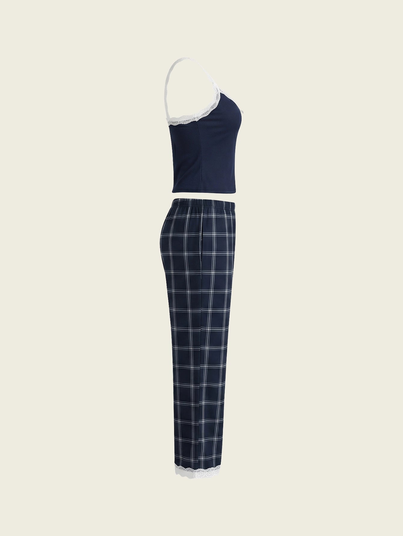 SHEIN Women's Pijama Contrast Color Lace Patchwork Camisole Plaid Print Long Pajama Pants Lace Suspender Pajama Set