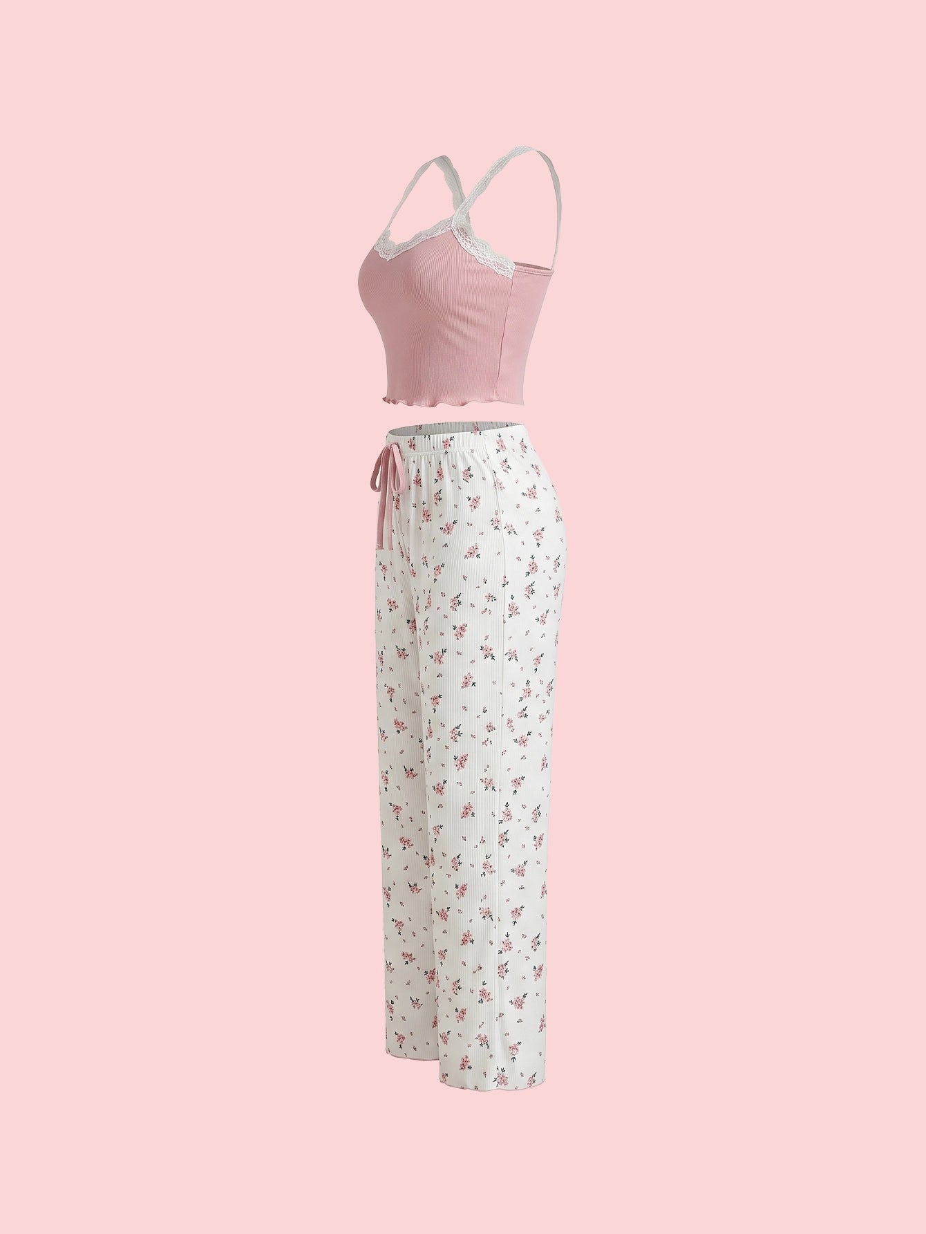 SHEIN Women's Pijama CottageSlumber Lace Trim Cami Floral Print Pants PJ Set Bridal Lingerie