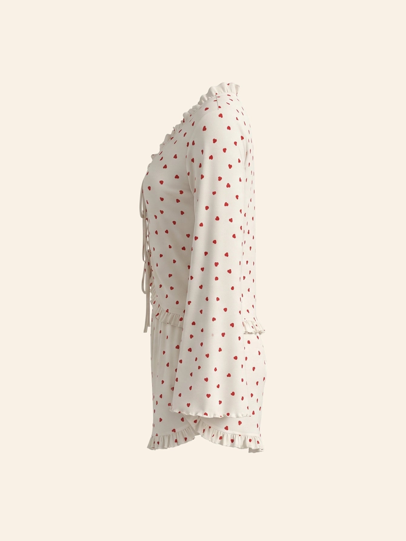 SHEIN DAZY Women's Pijama 2pcs Heart Pattern Ruffle Trim Tied Crop Top Shorts Pajama Set Fall Winter Clothes