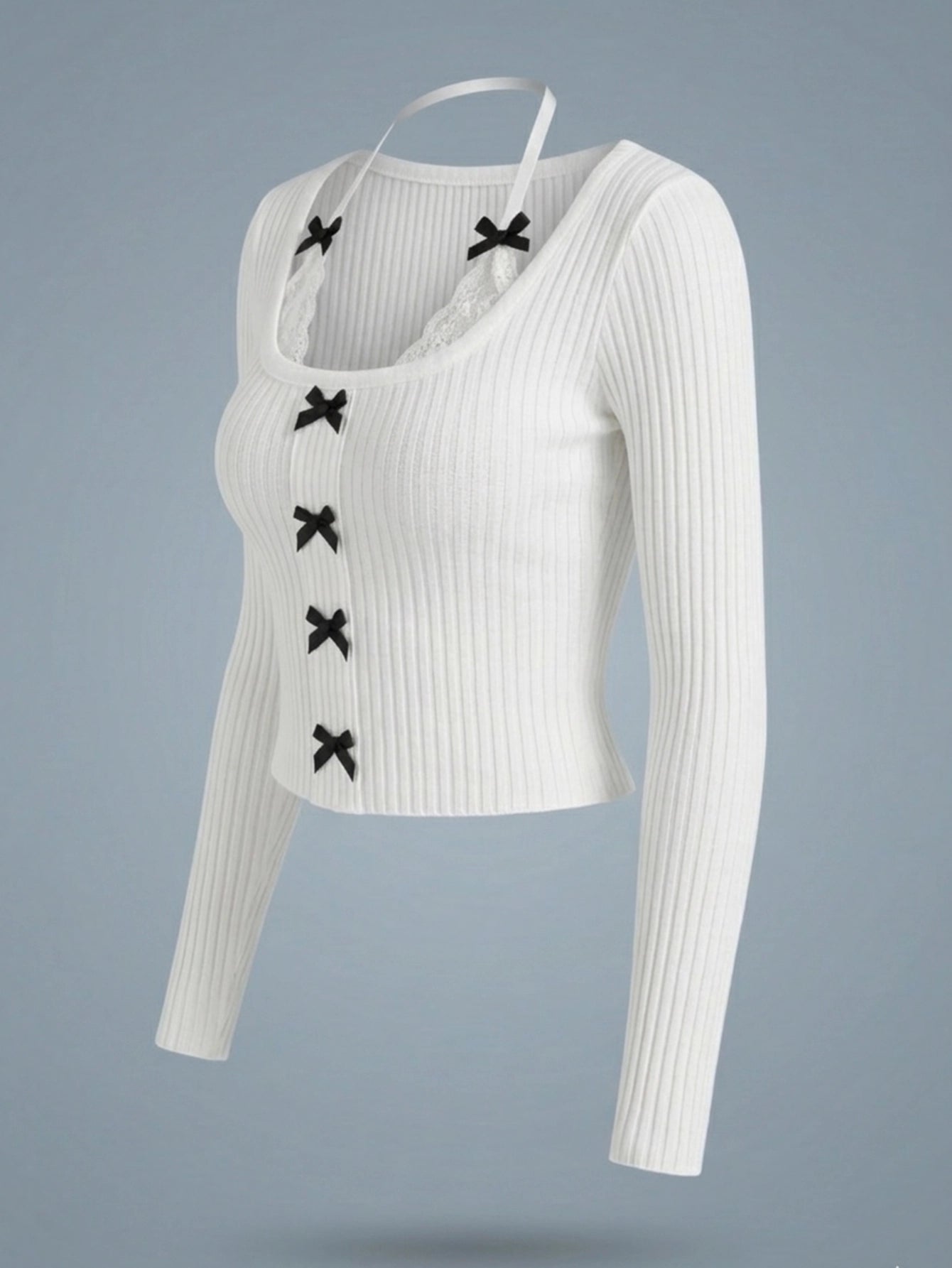 SHEIN Top DAZY Lace Splicing Bowknot Decoration Long Sleeve T-Shirt
