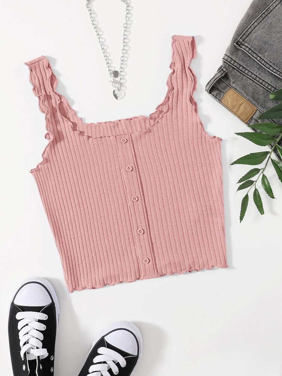 SHEIN Top EZwear Lettuce Trim Rib Knit Tank Top