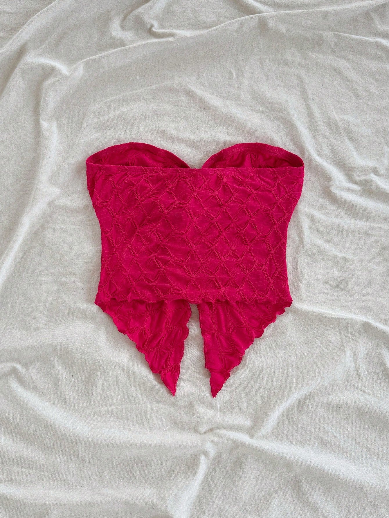SHEIN Top Soleia Rose Red Knit Jacquard Twist Front Cropped Asymmetrical Tube Top