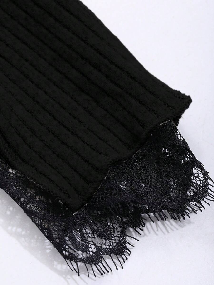 SHEIN Top FRIFUL Lace Splice Collar Slim Fit Ribbed Fashionable T-Shirt