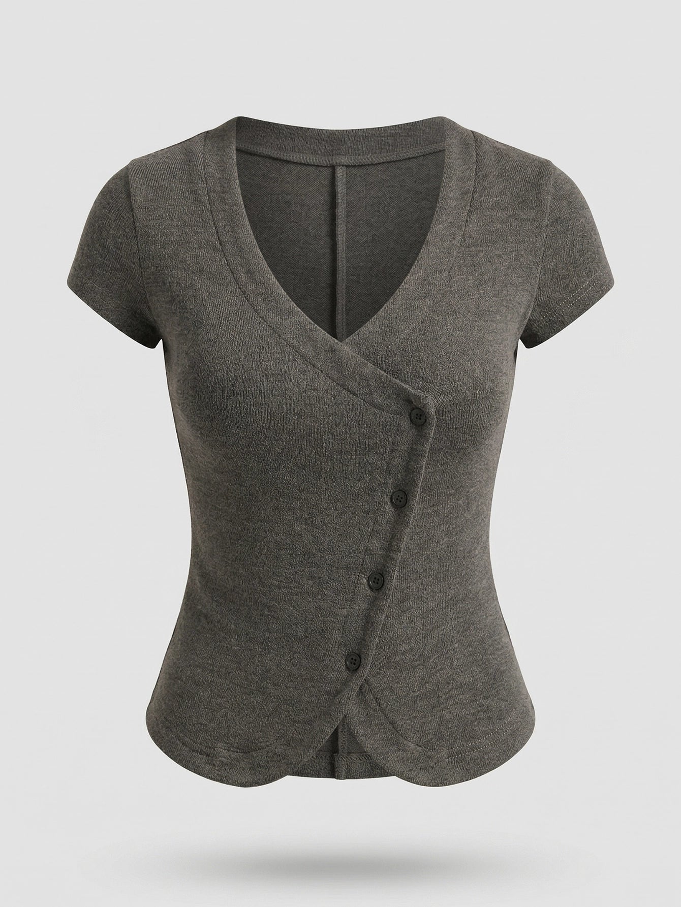 SHEIN Top Poéselle Asymmetrical Button Front V-Neck Ribbed Slim Fit Knit Tee Top