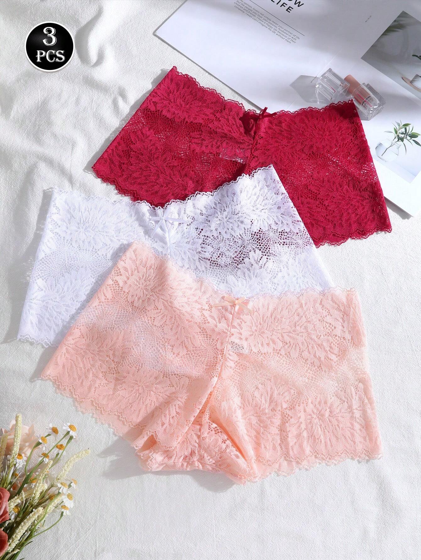 SHEIN 3pcs Women Solid Color Bow Lace Bikini Panties Set