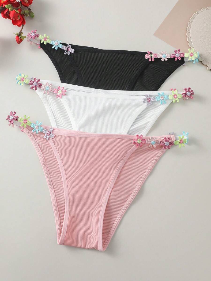 SHEIN Multicolor 3pcs Women's Floral Décor Fashion Underwear Briefs Set