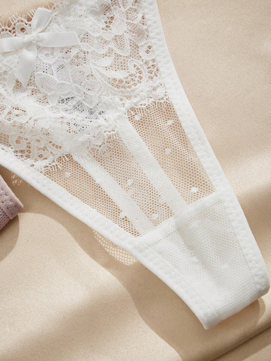 SHEIN Charlaine 3-Piece Floral Lace Bow G-String Panty Set