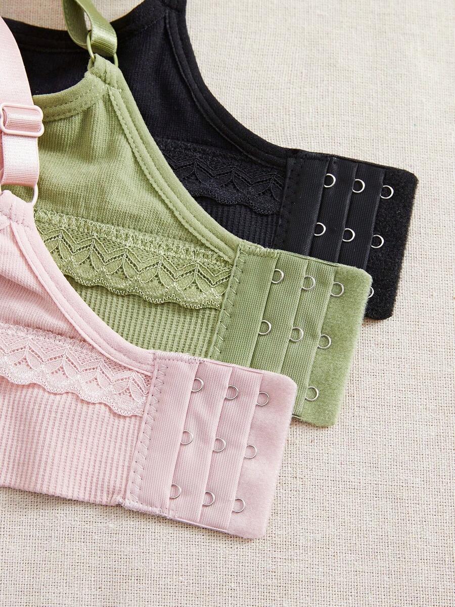 SHEIN 3pcs Seamless Lace Wireless Bra Set, Adjustable Straps