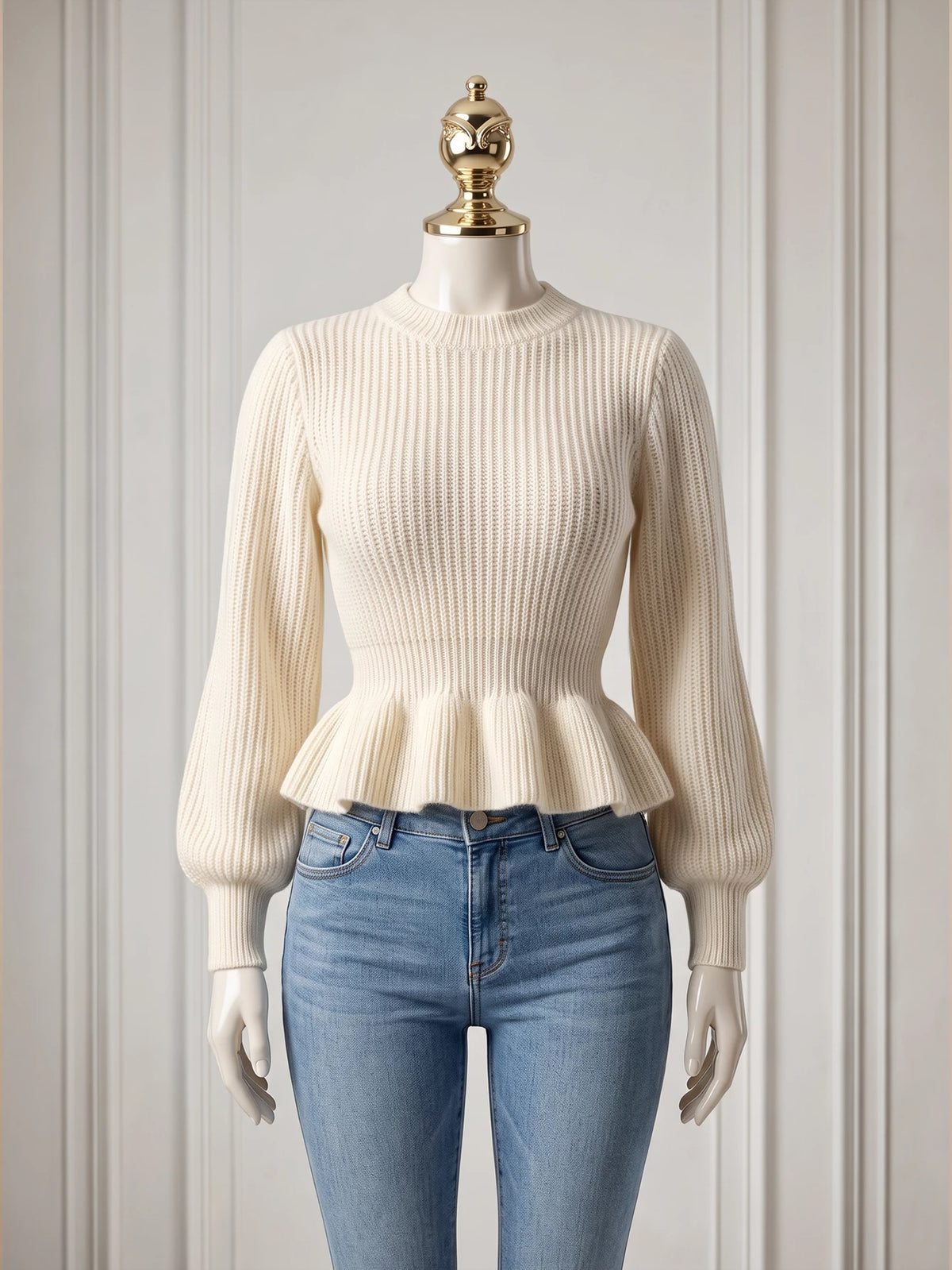 Zolique Women's Knitted Lantern Sleeve Sweater with Loose White Stripes