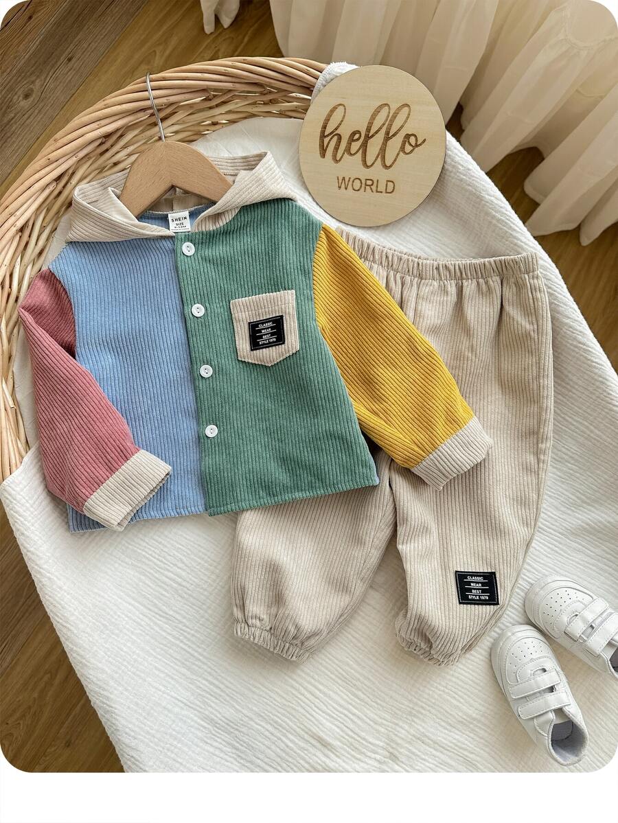 SHEIN long-sleeved shirt and collar set with patchwork velvet, winter pants