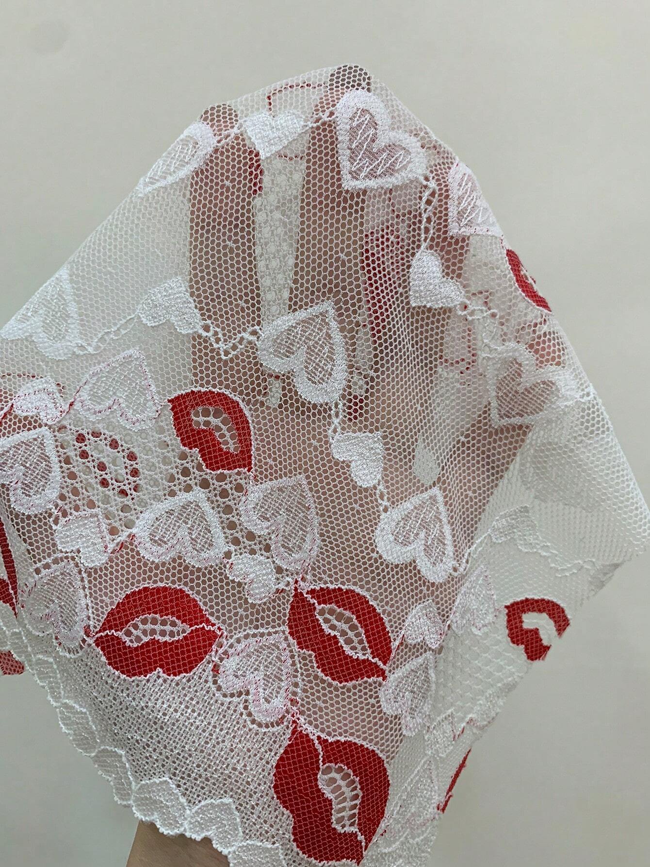 SHEIN Lingerie Lips Pattern Lace Splice Crop Top Bottoms Pajama Set White