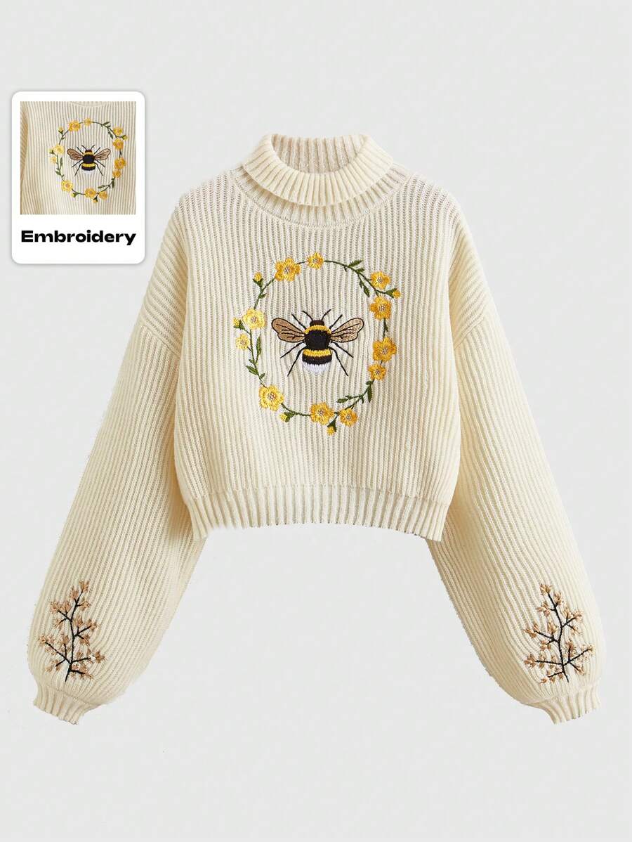 SHEIN ROMWE Fairycore Sweater with Bee Embroidery and Long Sleeves