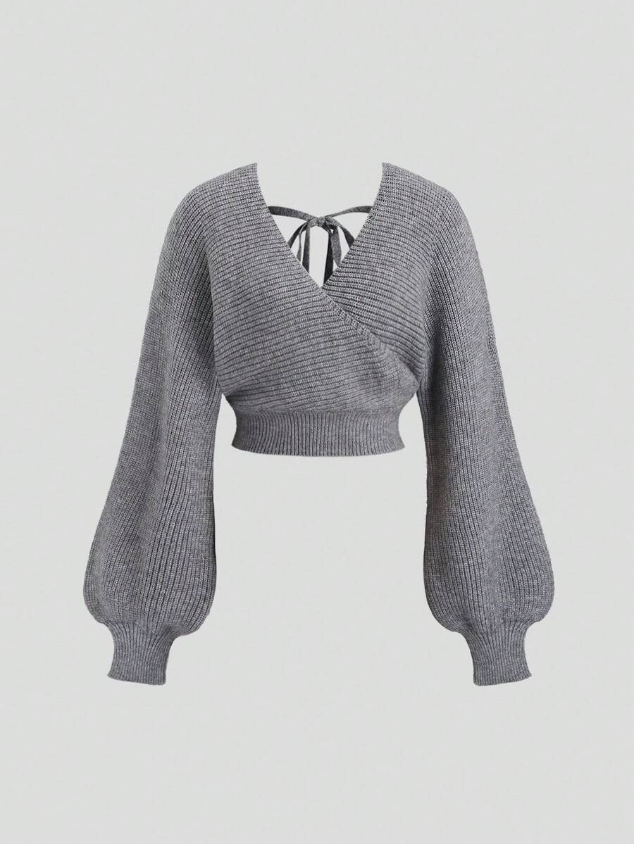 SHEIN Sweetra cropped wool sweater with lantern sleeves, tie waist