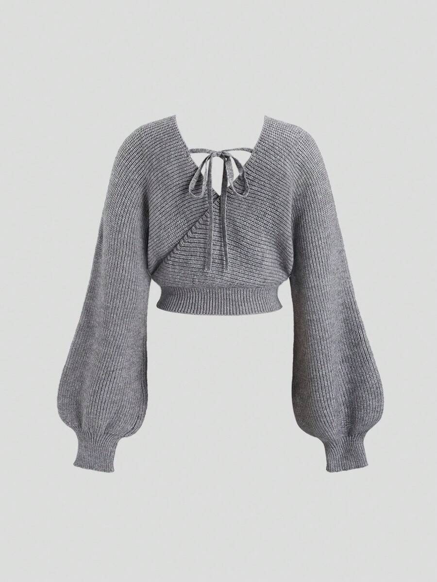 SHEIN Sweetra cropped wool sweater with lantern sleeves, tie waist