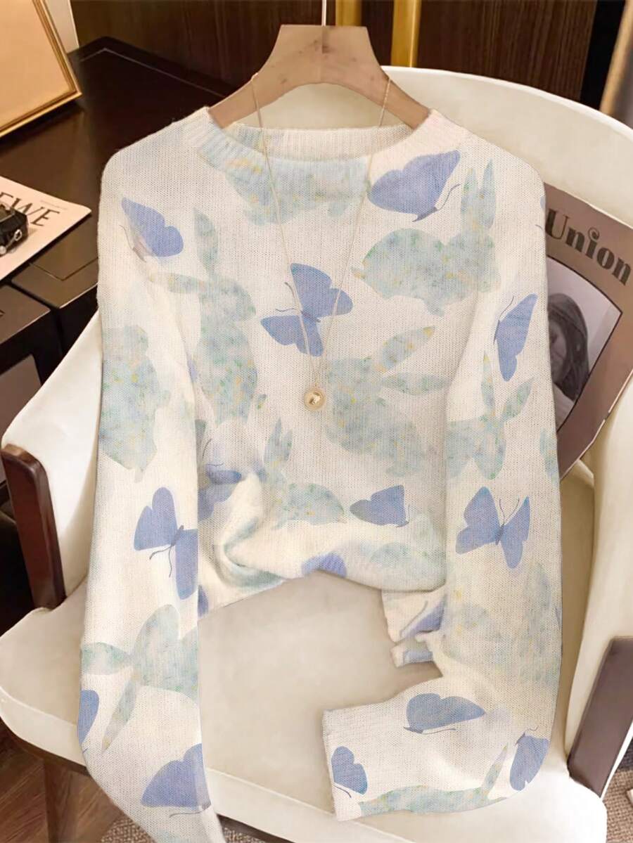 SHEIN Resyla Casual Loose Wool Sweater with Butterfly and Bunny Print