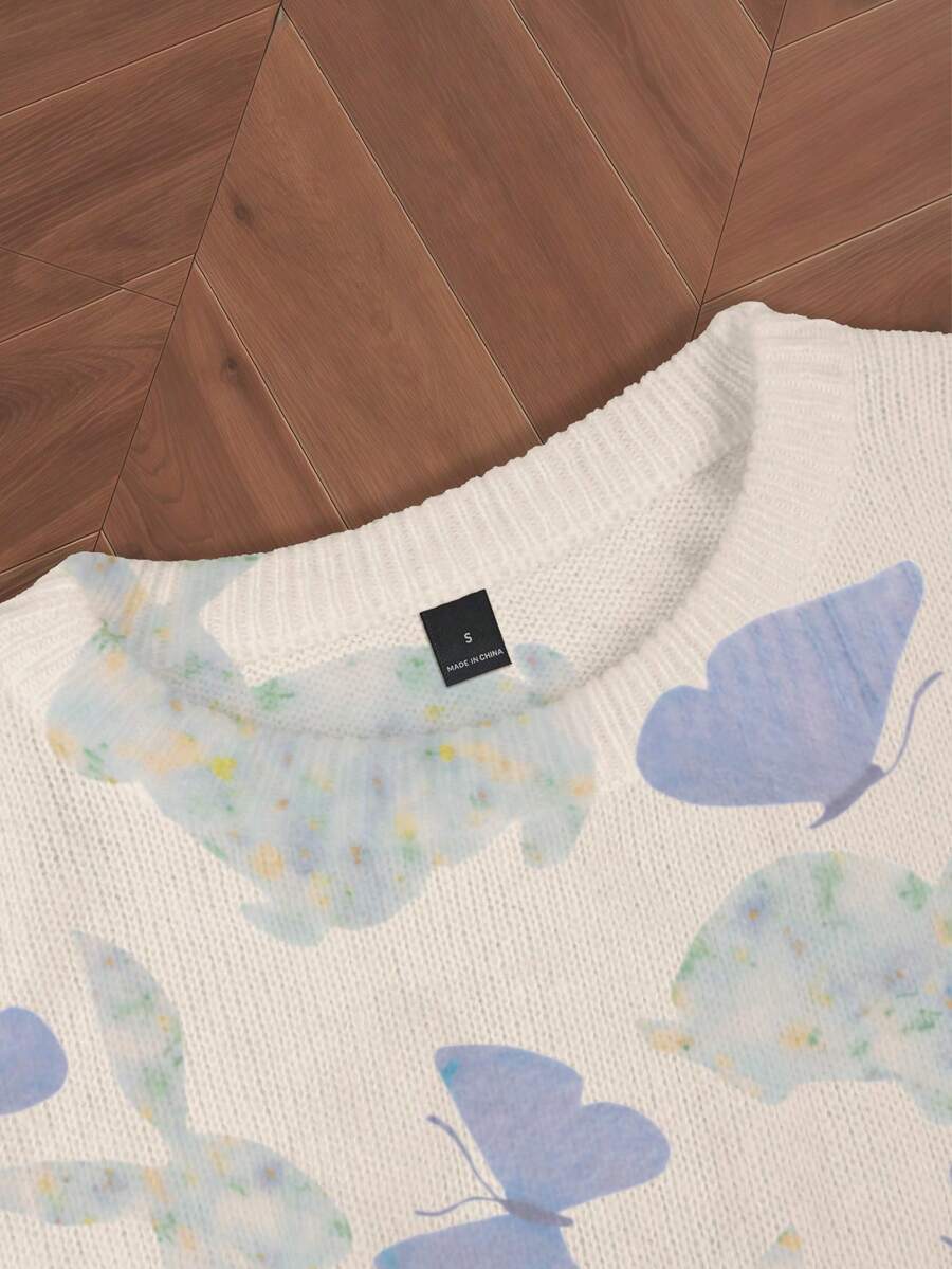SHEIN Resyla Casual Loose Wool Sweater with Butterfly and Bunny Print