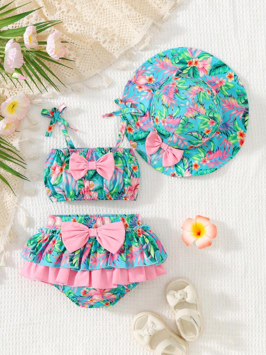 SHEIN Swimsuit 3-Piece Plaid Suspenders, Underwear and Hat Set.