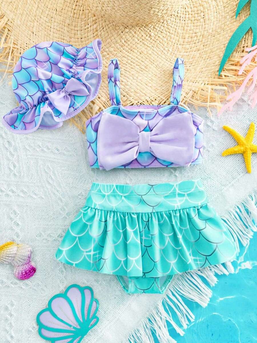 SHEIN Swimsuit Mermaid Bikini Set with Ruffled Top Skirt Hat
