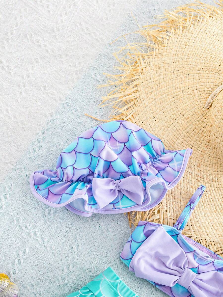 SHEIN Swimsuit Mermaid Bikini Set with Ruffled Top Skirt Hat