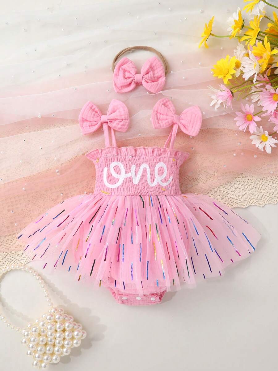 SHEIN Baby Embroidered Bow Strap Dress and Headband Set