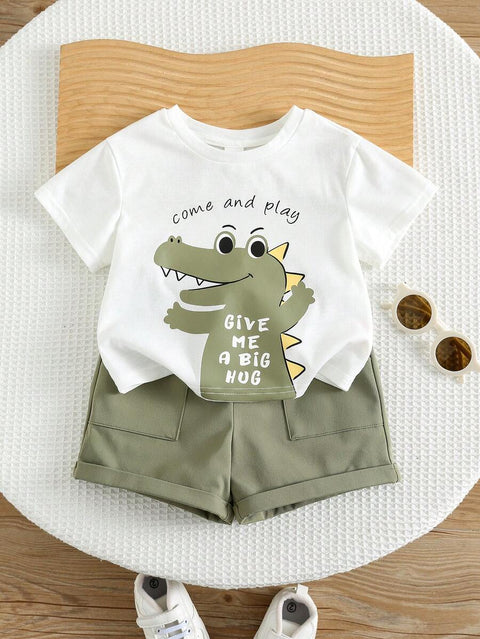 SHEIN Toddler Dinosaur Print Shirt and Beige Shorts Set