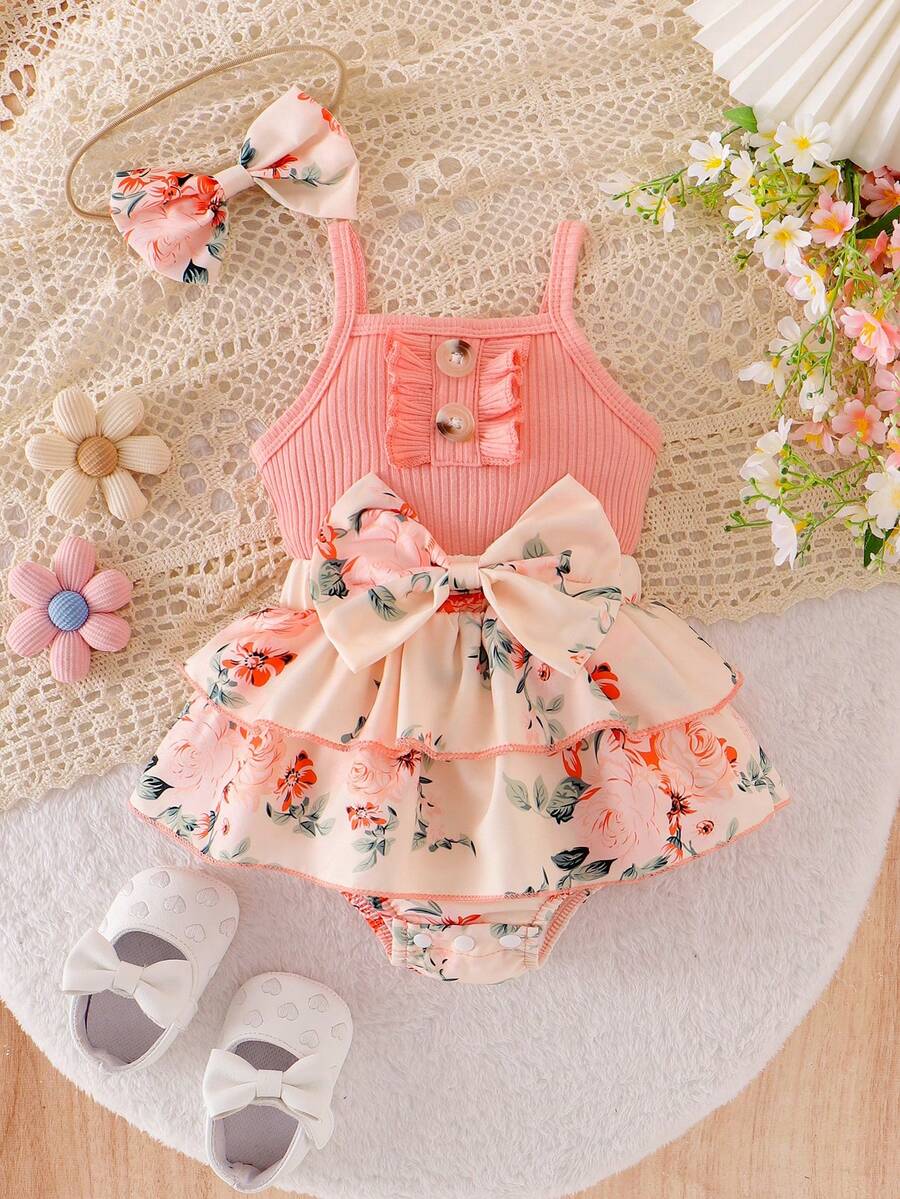 SHEIN Girls' Floral Ruffle Patchwork Bodysuit Dress with Headband