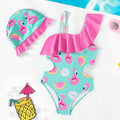 SHEIN Cartoon Print Cutout Swimsuit with Ruffles and Cap