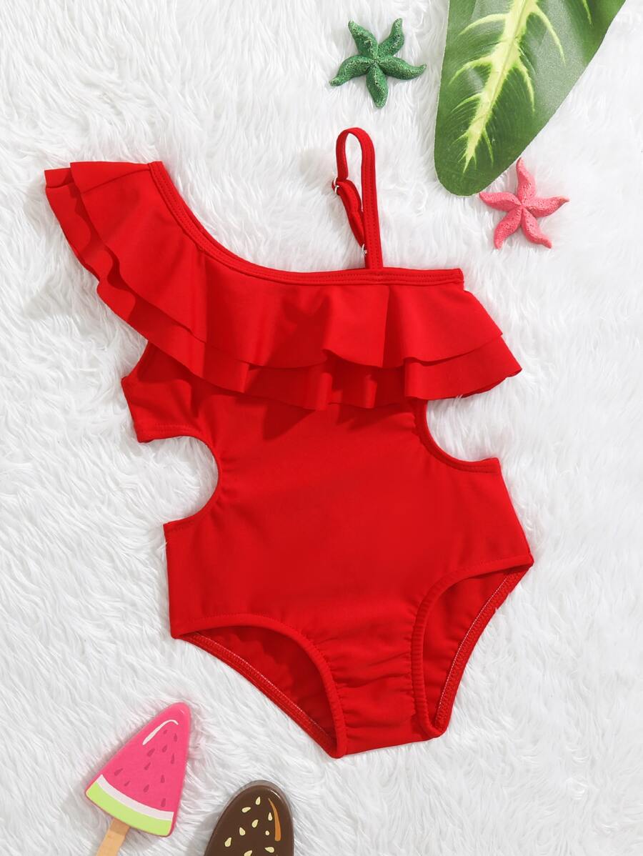 SHEIN Red Ruffle One-Piece Swimsuit with Adjustable Straps