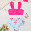 SHEIN Flamingo Print Ruffle Embroidered Beachwear Set with Headscarf