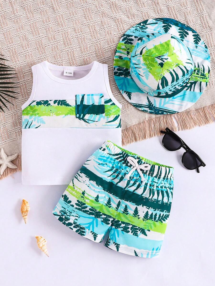 SHEIN Boys' 3-Piece Leaf Print Top and Shorts Swimsuit