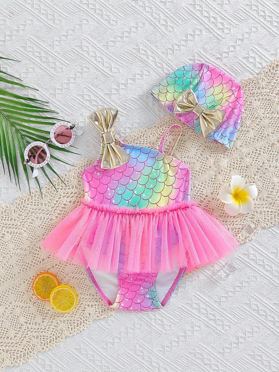 SHEIN Swimsuit, Swim Cap, 3D Bow and Colorful Mesh