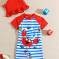 SHEIN Boys' Striped Cartoon Print One-Piece Swimsuit with Cap