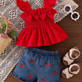 SHEIN Bow Cami Top, Cherry Embroidered Denim Shorts Set