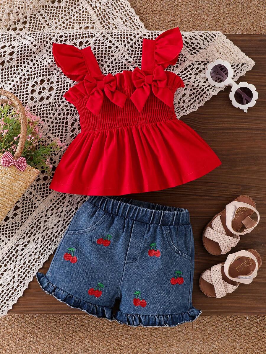 SHEIN Bow Cami Top, Cherry Embroidered Denim Shorts Set