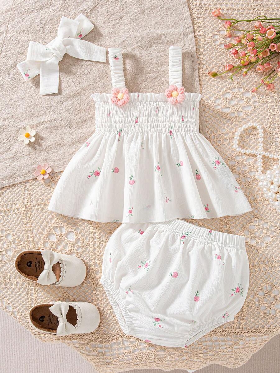SHEIN Floral Knit Ruffle Cami Shorts and Headband Set