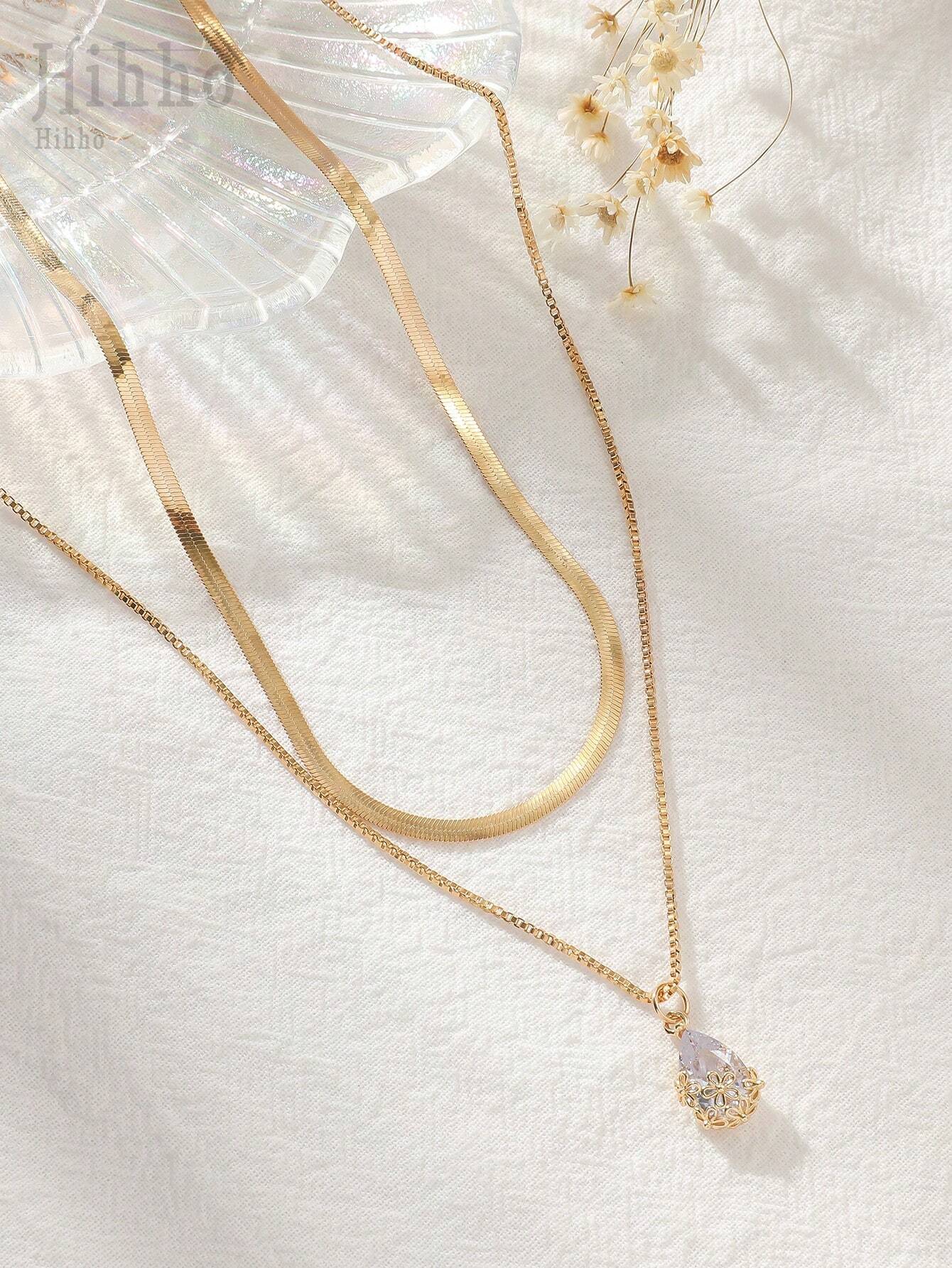 SHEIN  GOLD Double Layered Cubic Zirconia Waterdrop Necklace