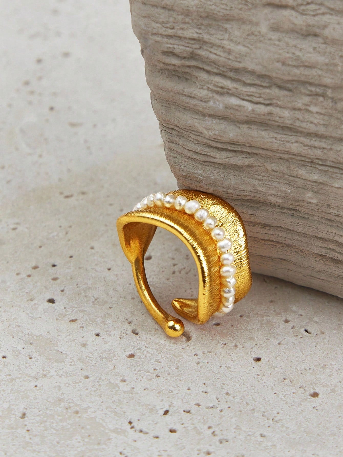 SHEIN Pearl Gold Leaf Beaded Open Ring Women