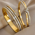SHEIN Gold Plated Zirconia Bangle Bracelets Set