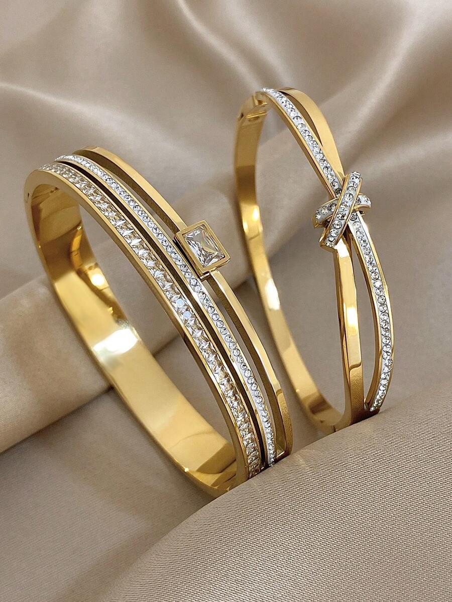 SHEIN Gold Plated Zirconia Bangle Bracelets Set
