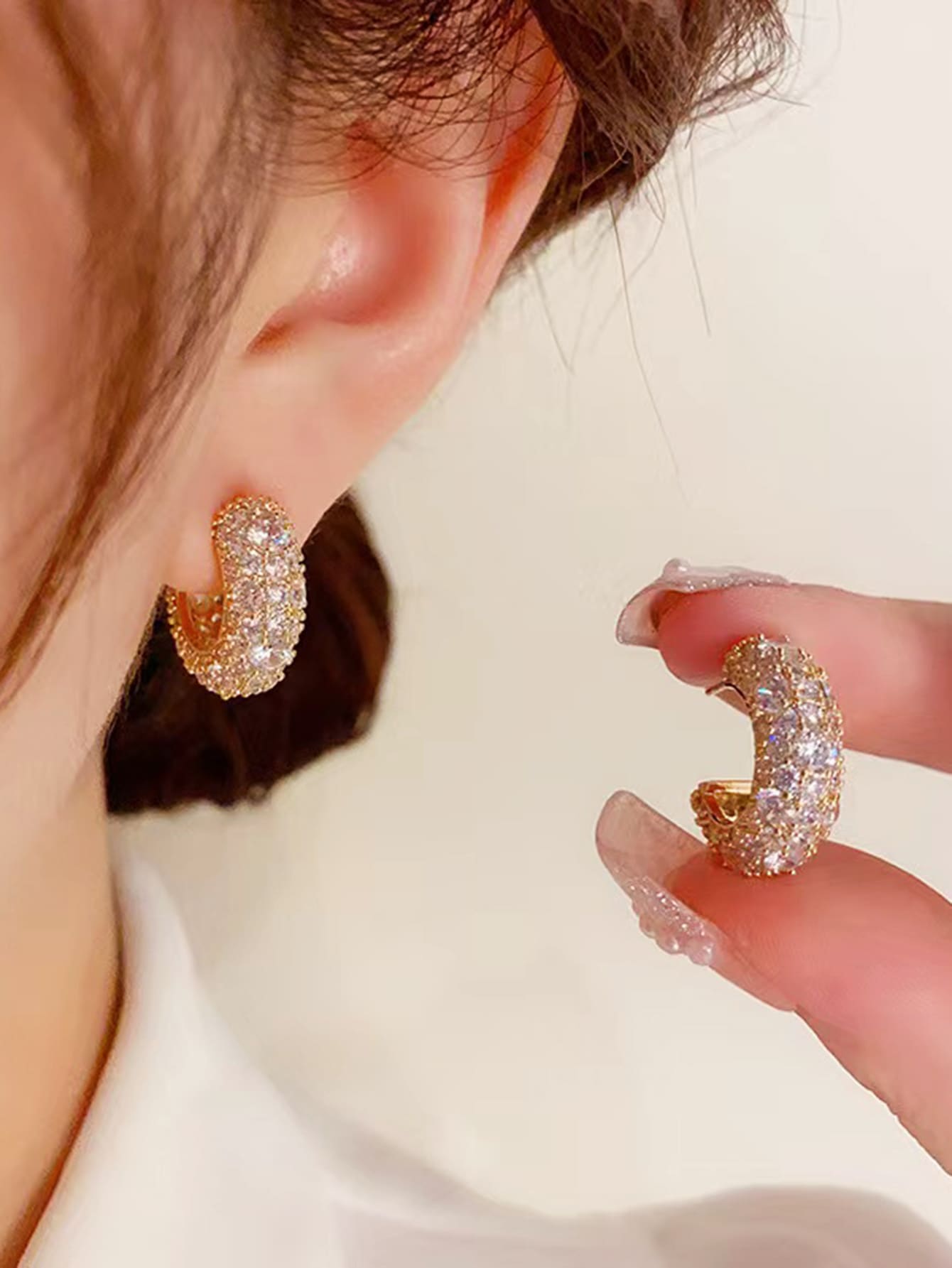 SHEIN GOLD Cubic Zirconia C-Shape Elegant Earrings Women