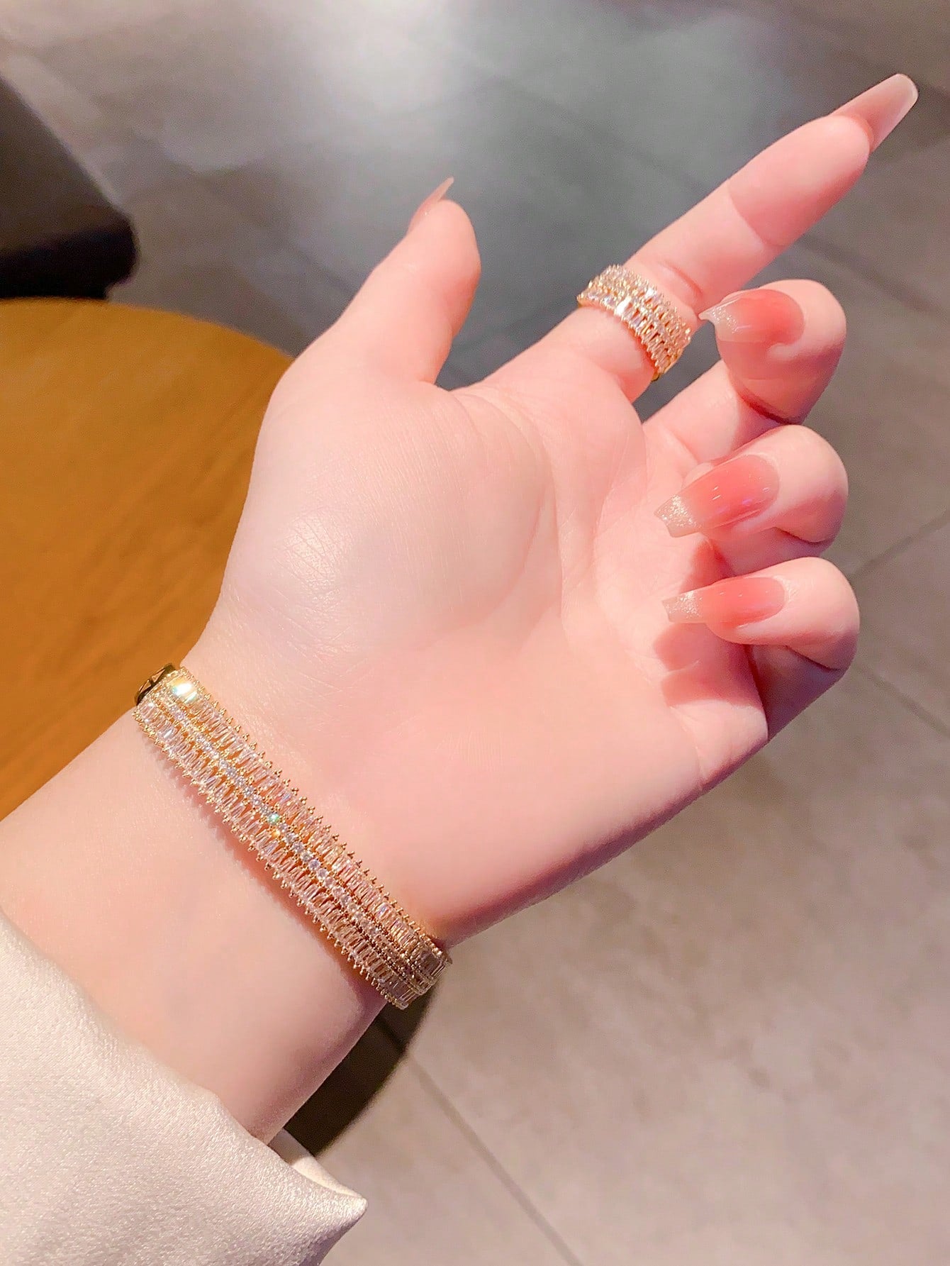 SHEIN Luxury Cubic Zirconia Star Ring Bracelet Set Silver