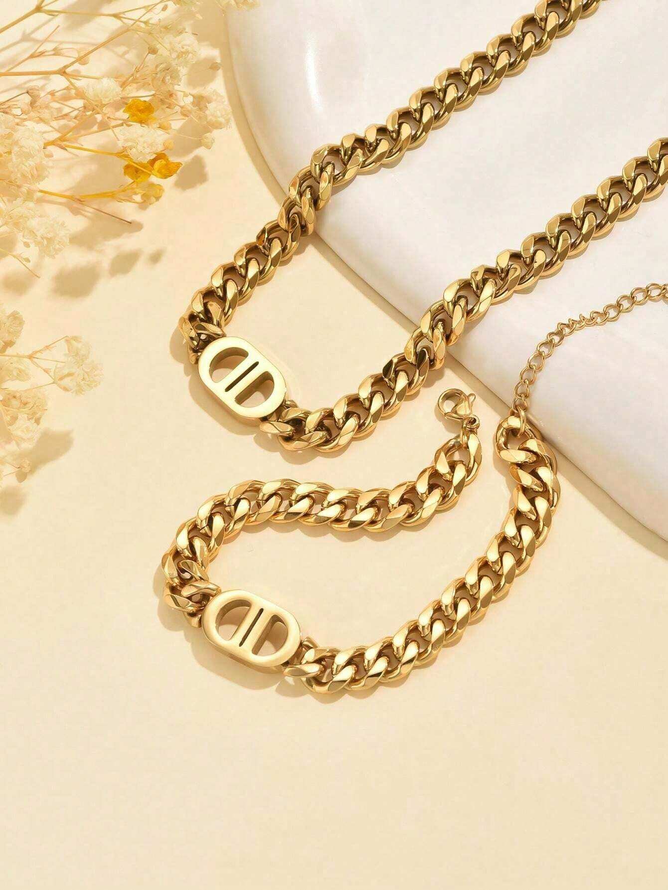 SHEIN Stainless Steel Necklace and Bracelet Jewelry Set