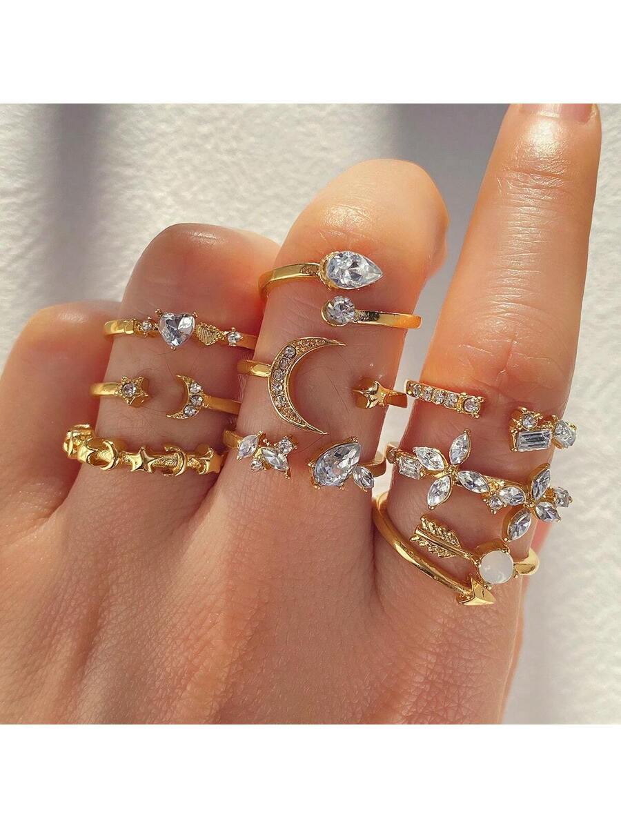 SHEIN 9pcs Water Drop Star Moon Diamond Ring Set