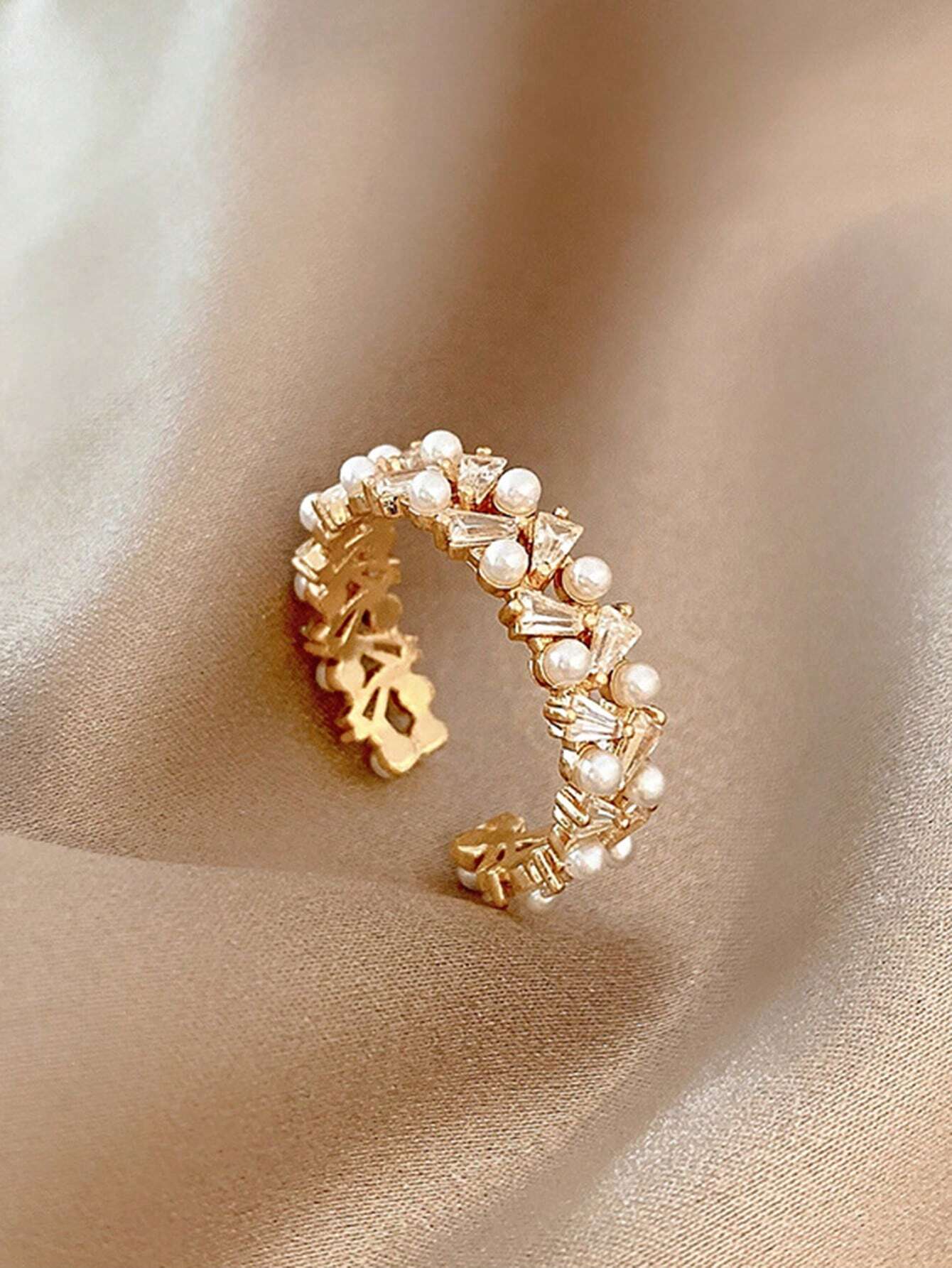 SHEIN Adjustable Double Row Pearl and Zirconia Ring
