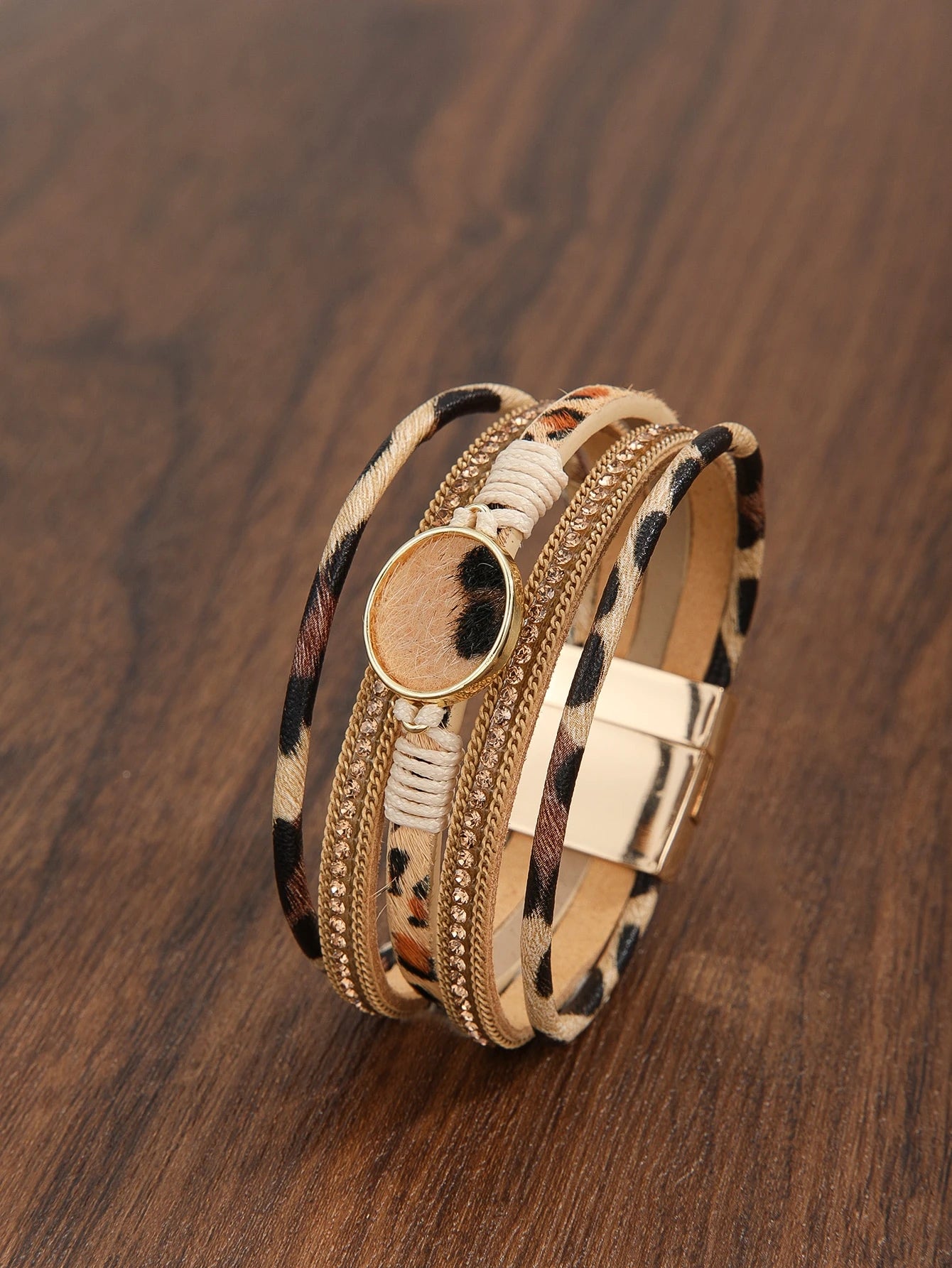 SHEIN Leopard Pattern Layered Round Bracelet Women