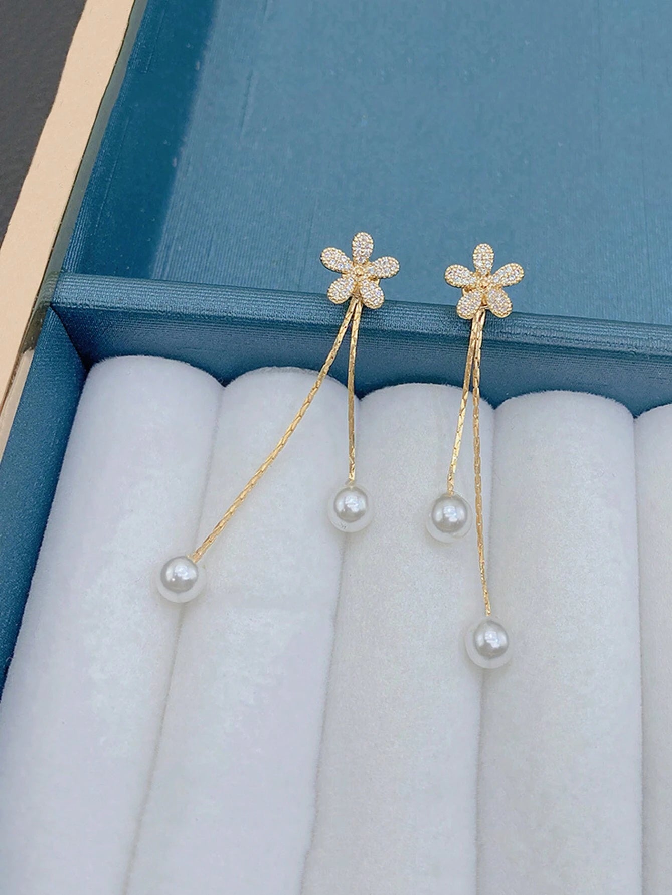 SHEIN Shiny GOLD Faux Pearl Zirconia Flower Tassel Earrings Elegant
