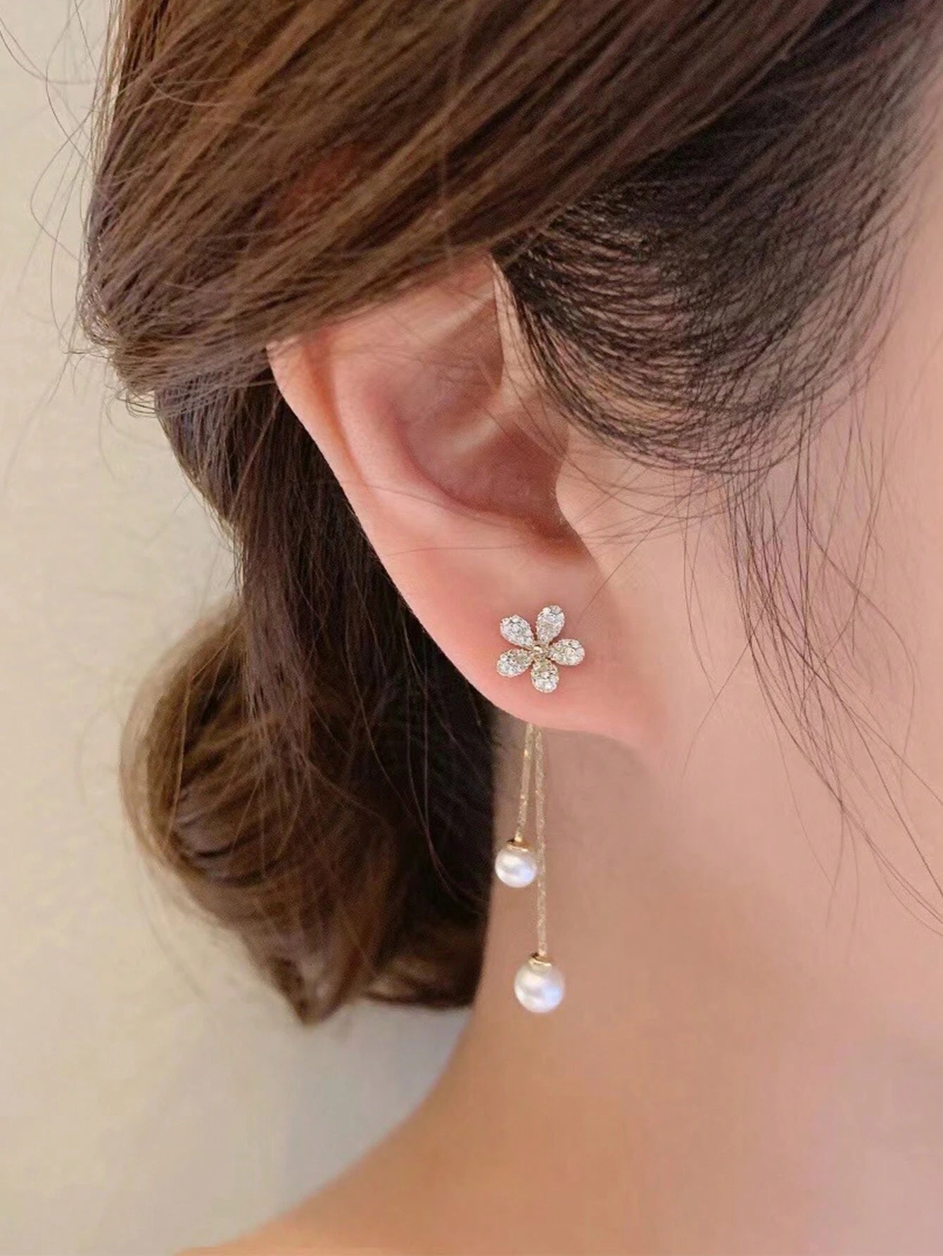 SHEIN Shiny GOLD Faux Pearl Zirconia Flower Tassel Earrings Elegant