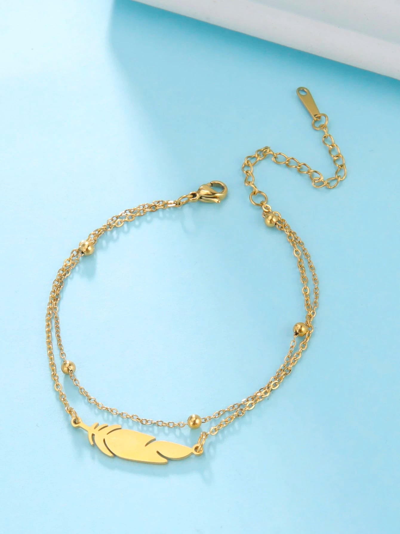 SHEIN Women's Stainless Steel Feather Double-Layer Beaded Anklet