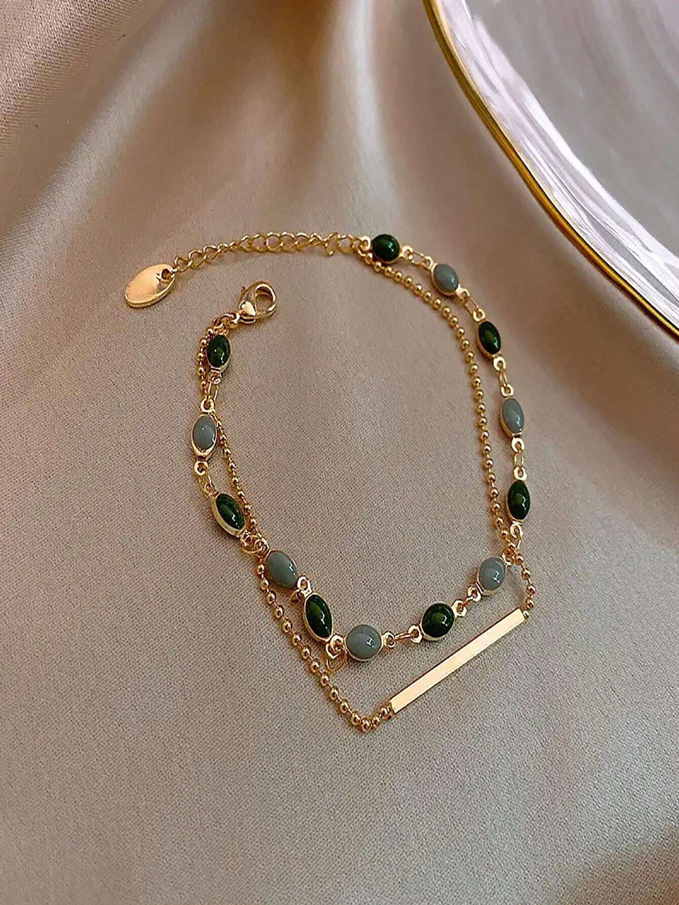 SHEIN Vintage Double-Layer Green Bracelet Elegant Jewelry Women